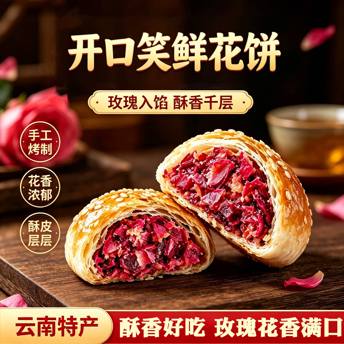 现烤玫瑰鲜花饼云南特产零食小吃食品糕点中秋送礼礼盒甄选好吃