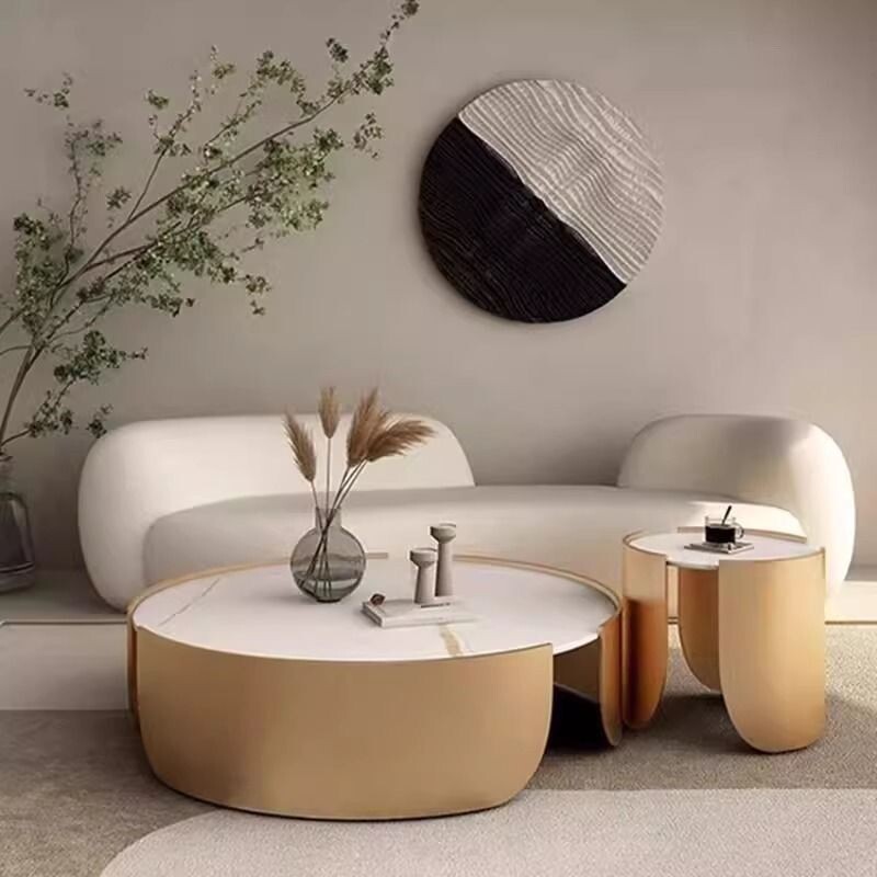 b北欧客厅高级茶几小户型沙发轻奢现代岩板简约沙发圆形圆桌极简