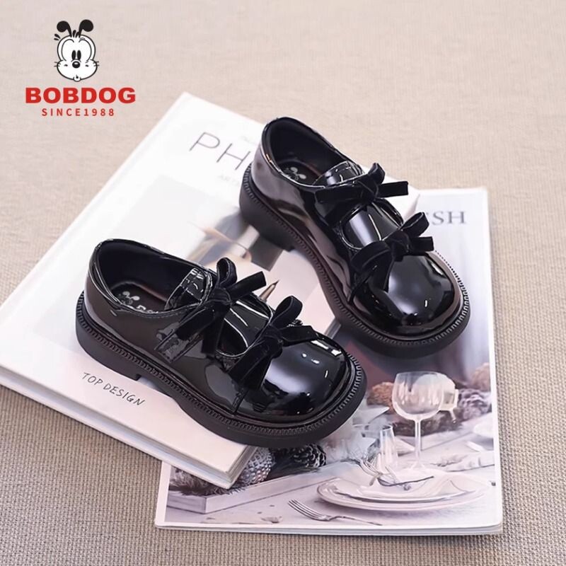 巴布豆真皮女童鞋小皮鞋黑色春秋季新款儿童乐福鞋中大童演出鞋子