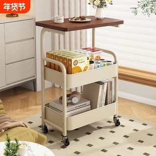 可移动茶几零食储物书架小推车客厅边几床头柜置物架桌子三层碳钢