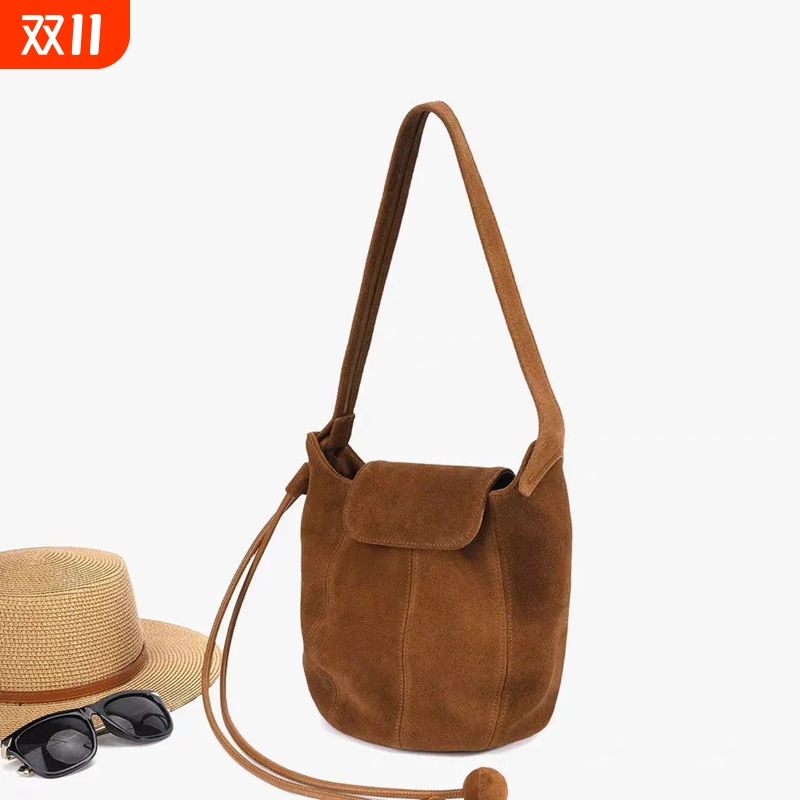 伊布古奇麂皮水桶包南瓜包女高级感小众设计单肩斜跨包包斜挎挎包