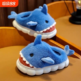 儿童棉拖鞋秋冬季男童保暖宝宝女童外穿加绒毛毛包跟棉鞋可爱蓝色
