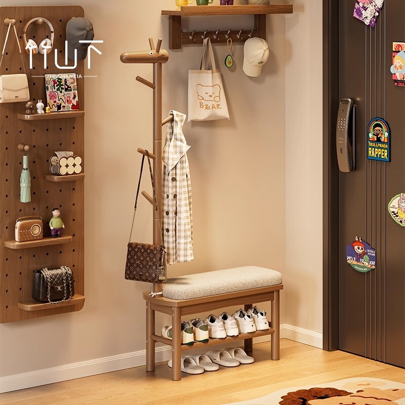 竹山下小鹿换鞋凳实木打造