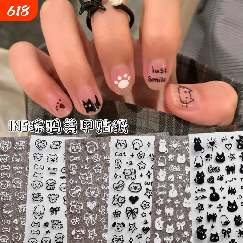 ins风网美甲贴纸红同款黑白涂鸦小猫小狗童趣卡通背胶指甲装饰