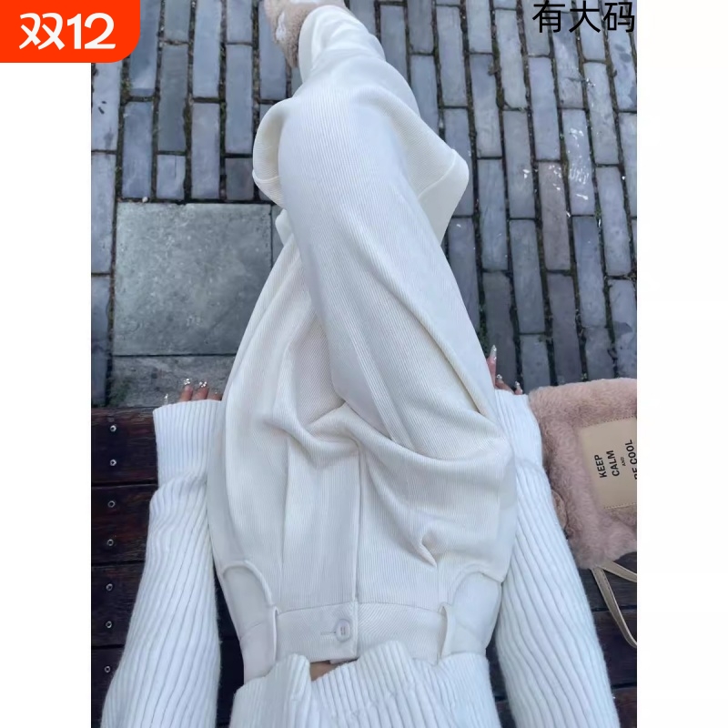白色裤子女秋冬季2025针织加绒雪尼尔阔腿裤灯芯绒休闲西装裤大码
