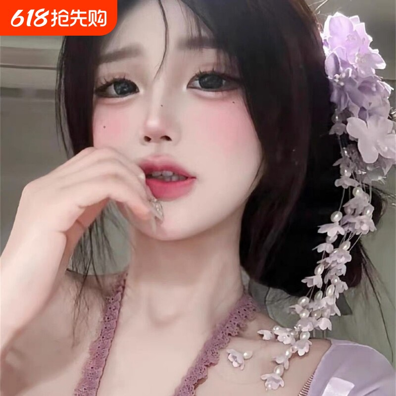 紫色花朵流苏发夹侧边夹新娘结婚头饰配饰拍照道具2024新款