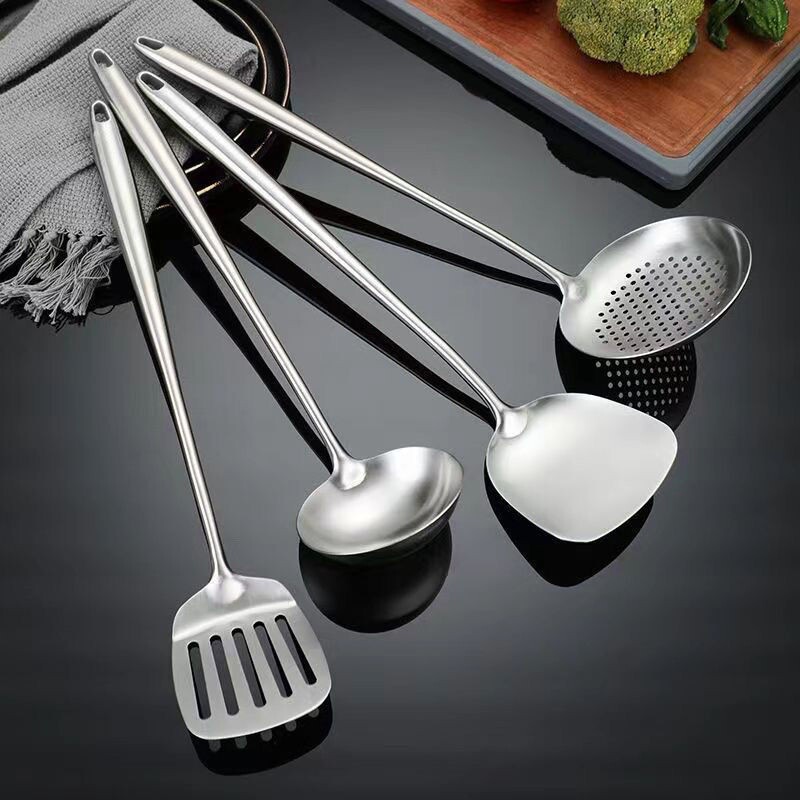 316L不锈钢锅铲炒菜铲子长款加厚家用粥汤勺漏勺炒勺厨具套装跨境