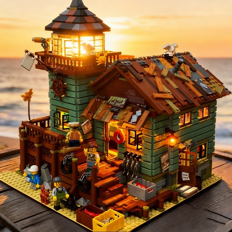 兼容乐高别墅渔夫小屋积木建筑街景房子模型男女孩益智拼装玩具