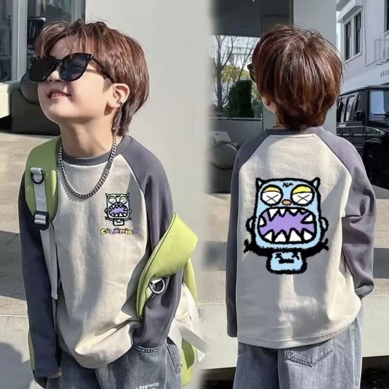 纯棉儿童长袖T恤春秋新款男女童卡通插肩袖上衣宝宝打底衫双面