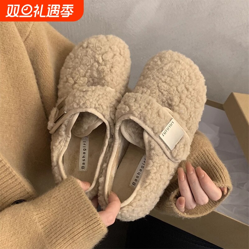 平底魔术贴一脚蹬超火羊羔毛毛鞋子女冬外穿2025新款加绒豆豆棉鞋