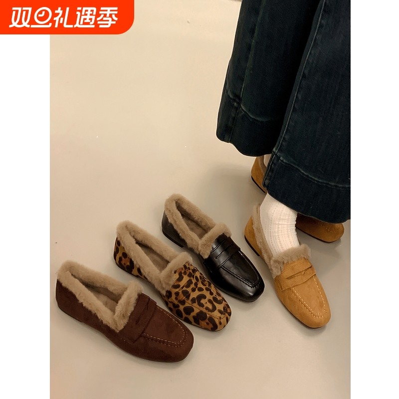 法式一脚蹬便士乐福鞋女冬季外穿毛毛口豆豆鞋保暖加绒棉鞋子方头