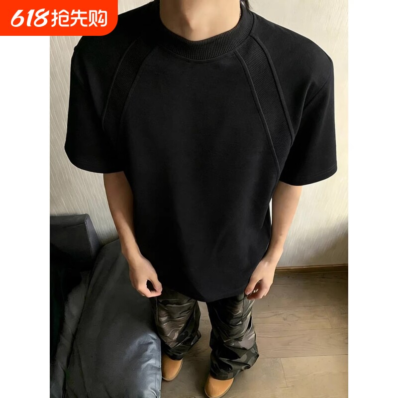 美式黑色正肩t恤男款夏季重磅拼接曼巴棉短袖cleanfit内搭半