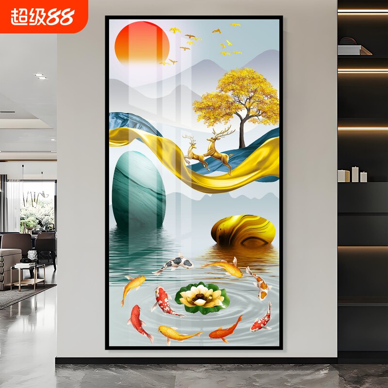 麋鹿入户玄关装饰画客厅墙贴画自粘背景墙走廊墙壁纸画5d立体贴纸