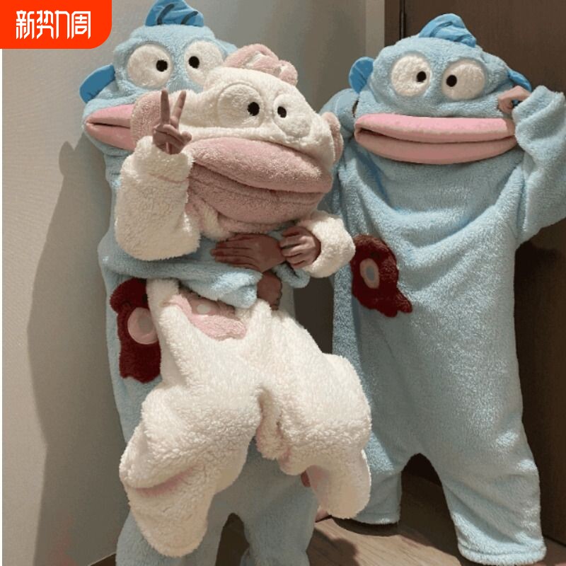 亲子丑鱼睡衣连体套装儿童可爱搞怪男女秋冬加厚珊瑚绒卡通家居服