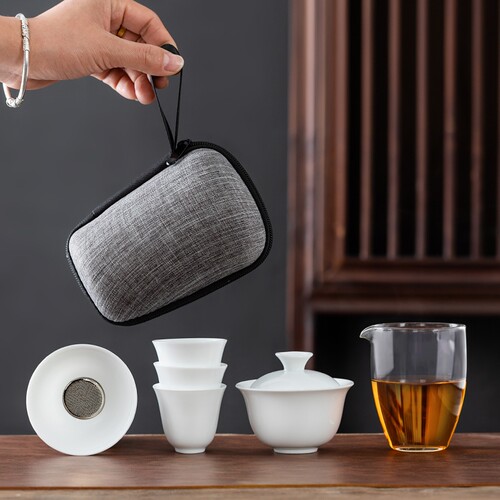 盖碗玻璃快客杯旅行茶具套装家用白瓷便携包户外露营礼品logo喝茶