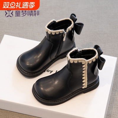 女童靴子2025新款秋季儿童鞋子短靴小皮鞋冬季加绒马丁靴真皮黑色