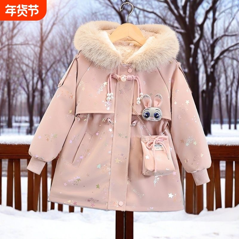女童外套2025冬季儿童加绒加厚保暖童装秋冬派克服夹棉粉色中长款
