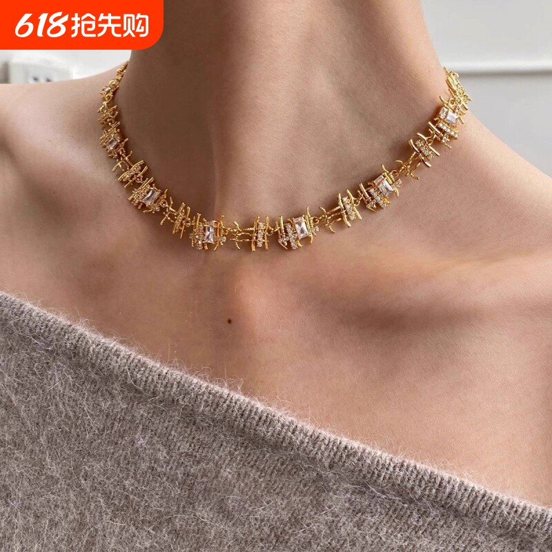 原创小众设计复古编织锆石项链女高级感轻奢choker锁骨链女颈链
