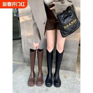 厚底粗跟小个子中筒长靴子秋冬季女鞋新款秋冬高筒白色长筒骑士靴