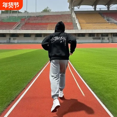 斯图西Stu卫衣连帽纯棉加绒冬拉链开衫上衣运动跑步白色灰色黑色