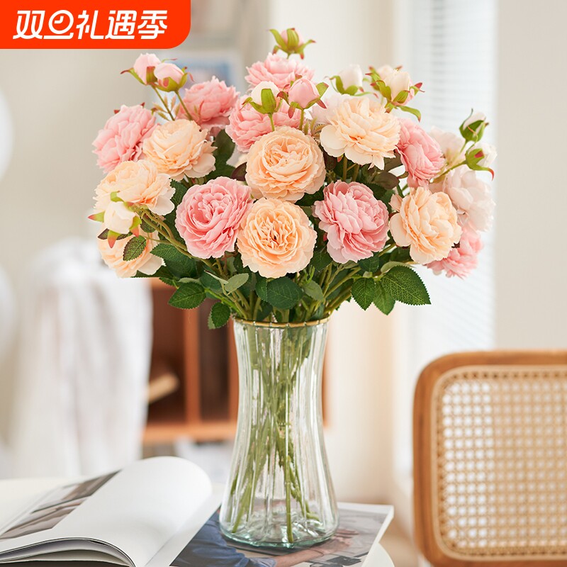 牡丹真花假花摆设插花餐桌绢花客厅装饰花艺摆件干花花束摆放红色