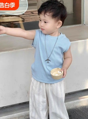 男童夏季条纹防蚊裤蓝色背心套装男宝宝夏装无袖上衣长裤子儿童装