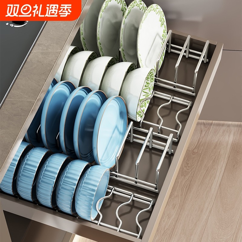 家用厨房抽屉式置物架拉篮碗碟沥水架橱柜餐具收纳架子碗筷碟子