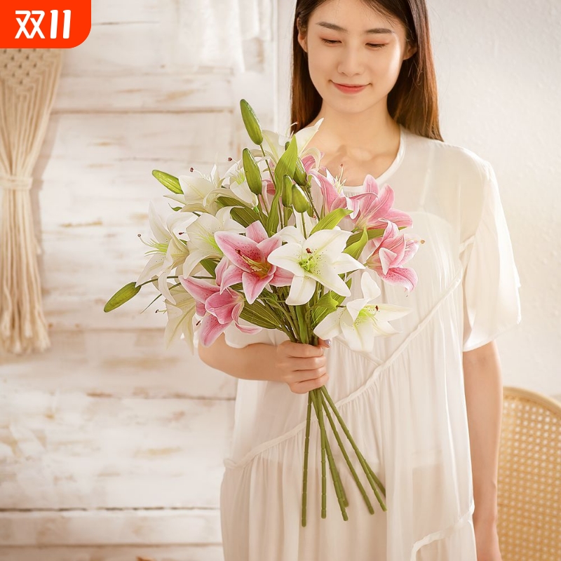 【促销中】家居装饰双头3D打印百合假花INS风仿真花婚庆MW31587