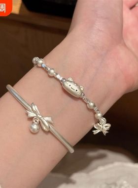 【幂琳】S999纯银法棍猫咪碎新款珍珠手手饰女款202m6银子叠戴錬