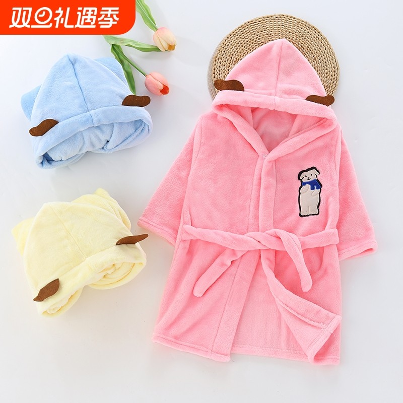 儿童浴袍浴巾可穿式女童男童专用洗澡睡袍斗篷夏春加厚珊瑚法兰绒
