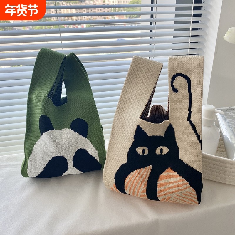 日韩撞色手工猫咪编织包托特购物袋造型手提小包通勤百搭卡通绿色