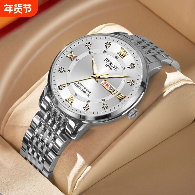 正品瑞士2024新款手表男士全自动机械风防水精钢带双日历男表夜光