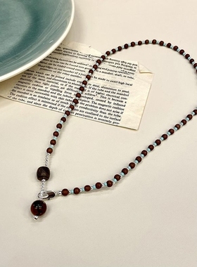 琥珀松林棕绿串珠吊坠项链小众复古设计秋冬锁骨链项链