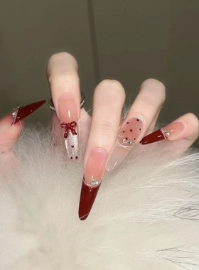 秋冬显白波点法式穿戴甲新款长款美甲贴片红色椭圆粉色酒红带钻