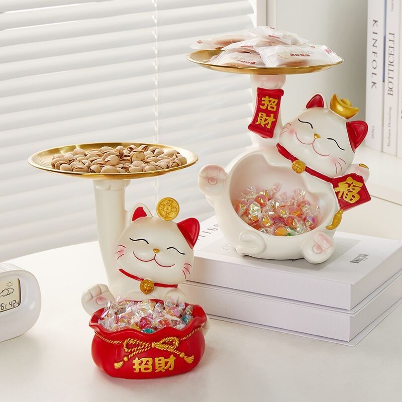 招财猫放糖果零食桌面托盘收纳摆件酒店前台接待家居水果盘置物架图片