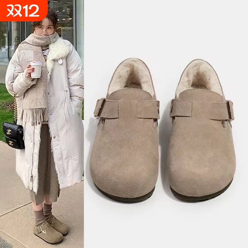 毛毛全包加绒勃肯鞋女2025秋冬新款平底懒人一脚蹬豆豆棉鞋子博肯