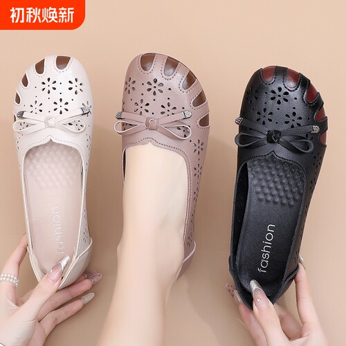 妈妈鞋夏季凉鞋休闲舒适软底中年透气皮鞋平底女圆头单鞋人防滑