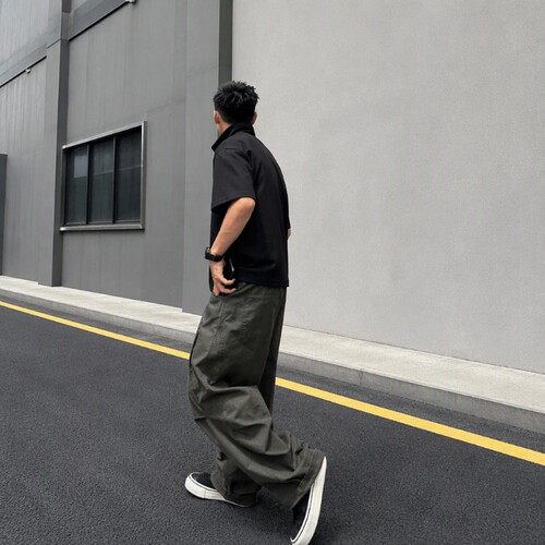 美式复古军绿色弯刀工装裤男款秋季水洗纯棉裤子阔腿直筒休闲长裤