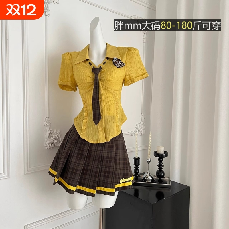 夏季胖mm美式大码减龄收腰显瘦学院风jk格子百褶短裙衬衫两件套女