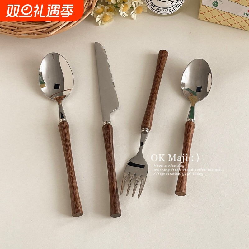 覆古刀叉304不锈钢木质牛排刀叉勺西餐餐具蛋糕甜品勺子叉子套装
