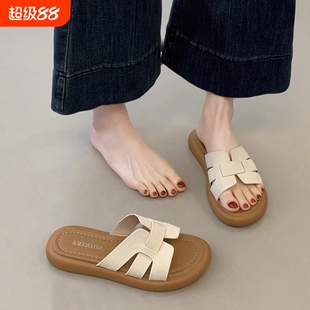 超火厚底一字拖鞋女外穿夏凉拖鞋2026新款软平底孕妇休闲沙滩防滑