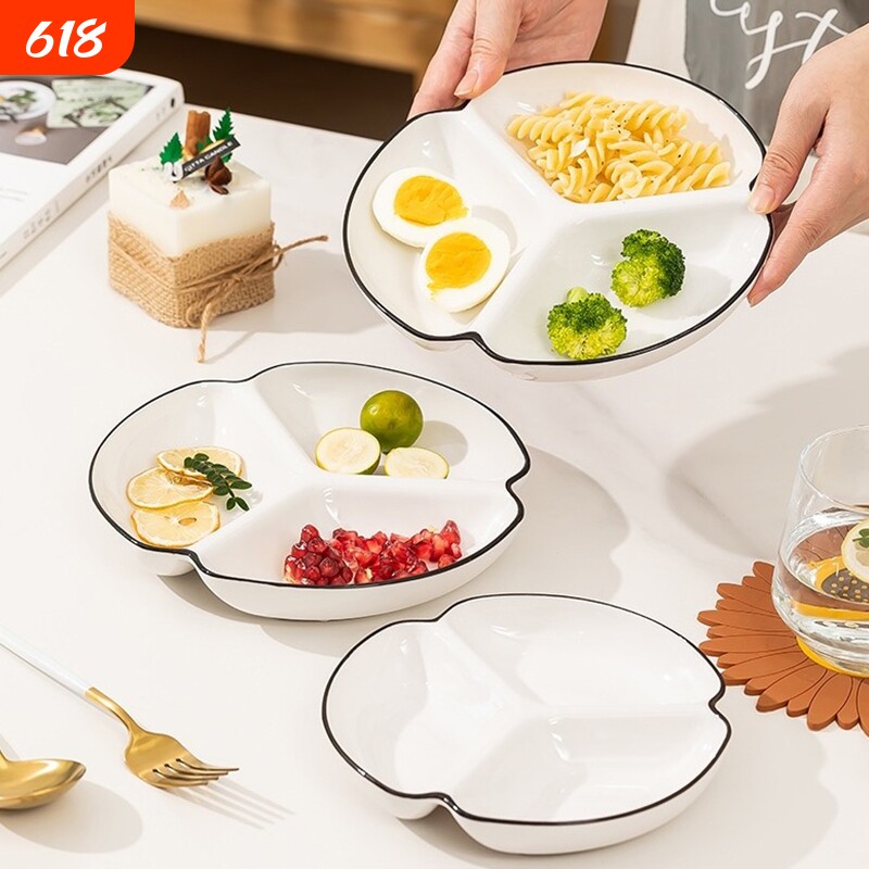 创意三格分餐盘家用陶瓷分格盘一人食成人早餐盘定量碟子减脂盘子