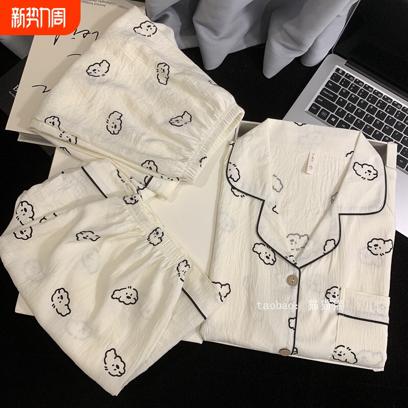 红豆日系小狗睡衣女薄款春夏季可外穿纯棉纱短袖学生家居服棉绸三