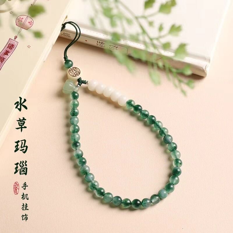 绿色玉髓手机链中国风女精致简约短款水晶手机绳手腕挂件挂饰编织