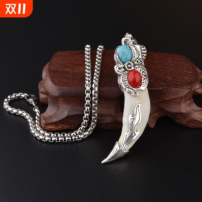 个性民族风狼牙项链钛钢男女百搭霸气吊坠挂饰复古长款毛衣链