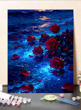 diy数字油画蓝眼泪红玫瑰手工填充填色油画解压装饰挂画花卉颜料