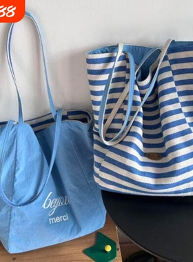 包包女式2025新款条纹双面包帆布袋韩慵懒风托特包红色大容量单肩