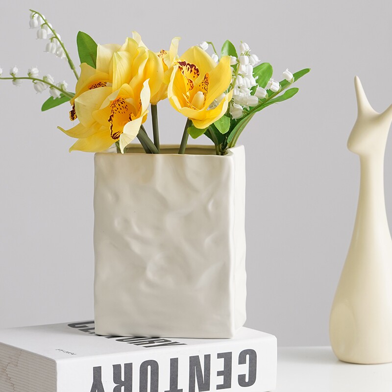 纸袋花瓶风客厅插花摆件陶瓷装饰鲜花水培花器方形玄关电视柜桌面