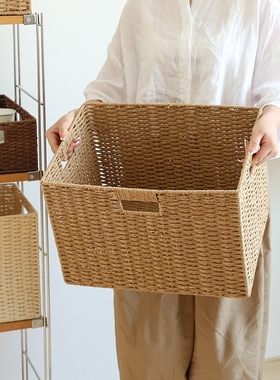 日式简约收纳筐家用仿草编藤编玩具零食整理篮储物箱收纳盒收纳框
