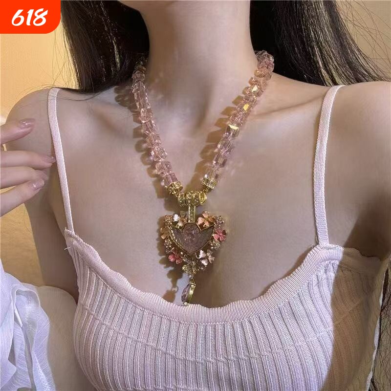 中古vintage睡梦天使吊坠爱心项链女复古珐琅粉色闪钻串珠锁骨